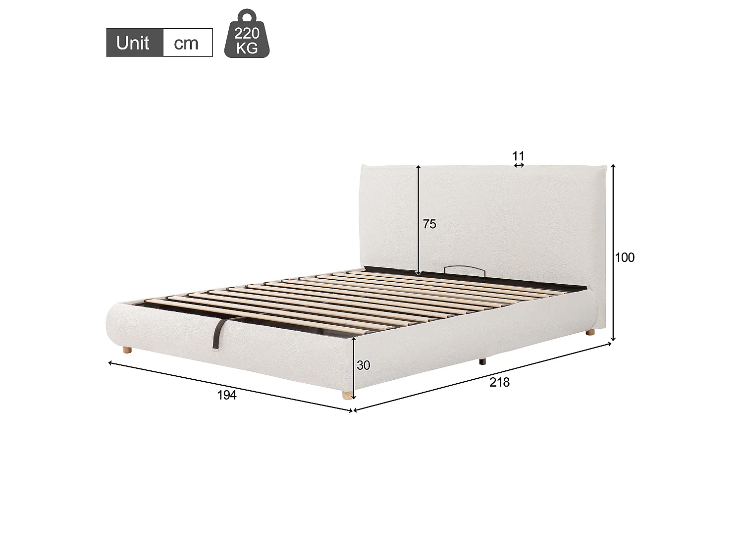 Lit coffre rembourré double 180x200 cm fonctionnel vérin sommier lattes tête lit grand espace rangement tête rembourrée pieds bois massif blanc bouclé - Sweiko