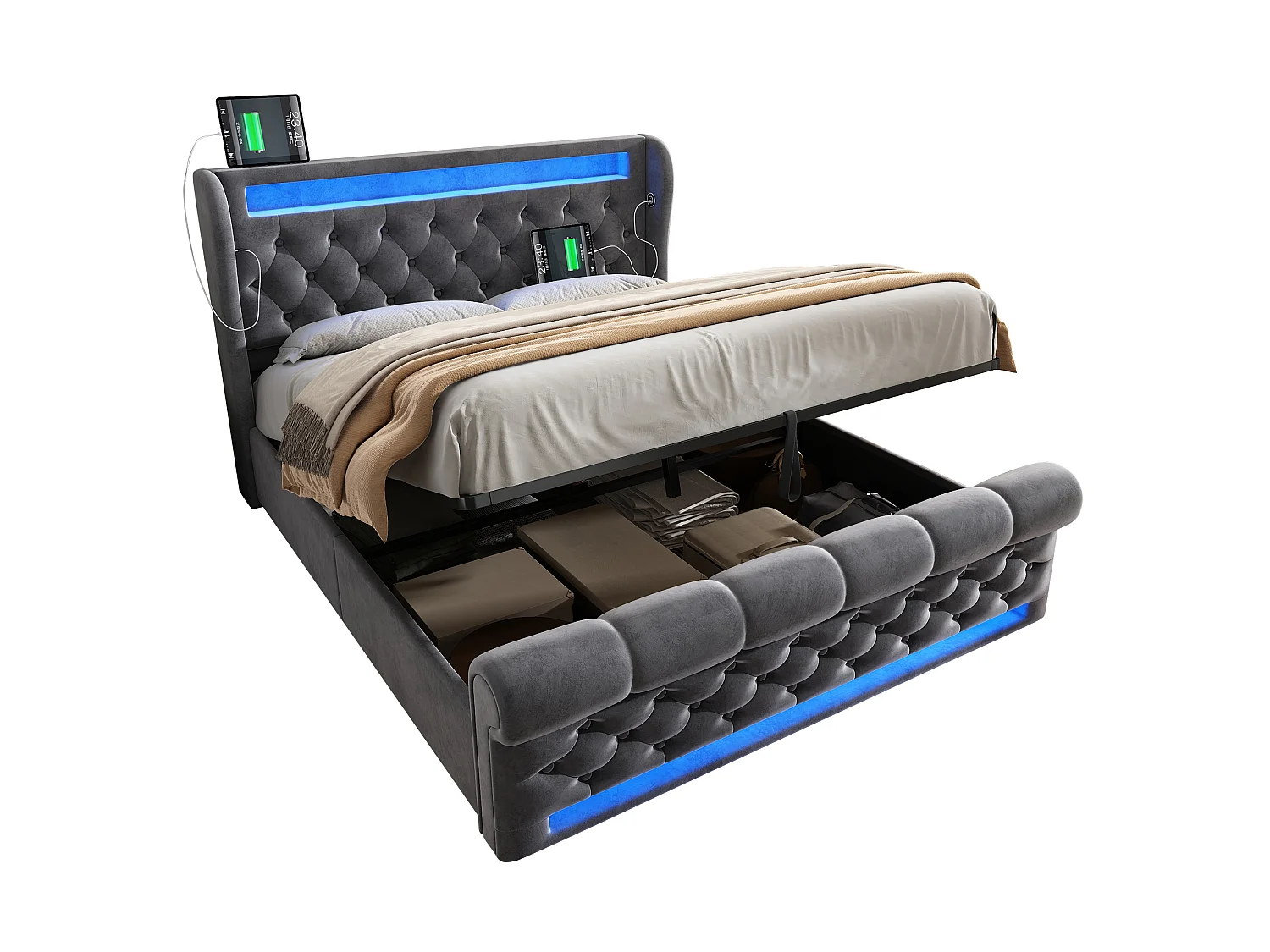 Lit coffre rembourré moderne double 140x190 cm avec led tête de lit rangement usb type-c lit coffre hydraulique gris velours sans matelas - Sweiko