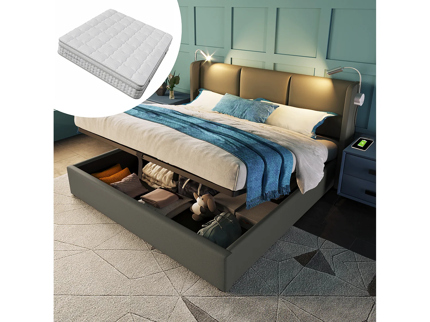 Lit coffre 160x200 cm avec rangement lampe lecture usb tête de lit pu sommier matelas inclus - Sweiko