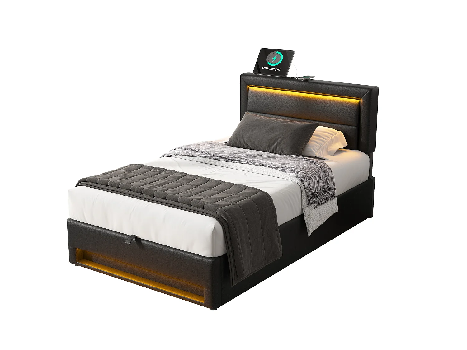 Lit coffre 90x190 cm rembourré noir avec port usb charge sans fil et filaire led rangement sans matelas motif pu litchi - Sweiko