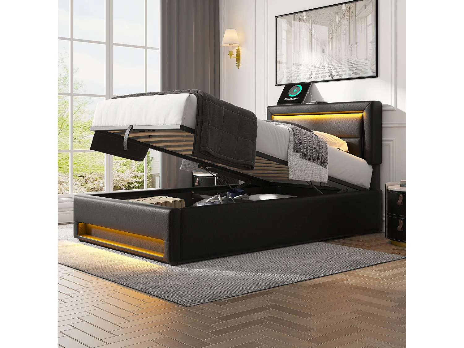 Lit coffre 90x190 cm rembourré noir avec port usb charge sans fil et filaire led rangement sans matelas motif pu litchi - Sweiko