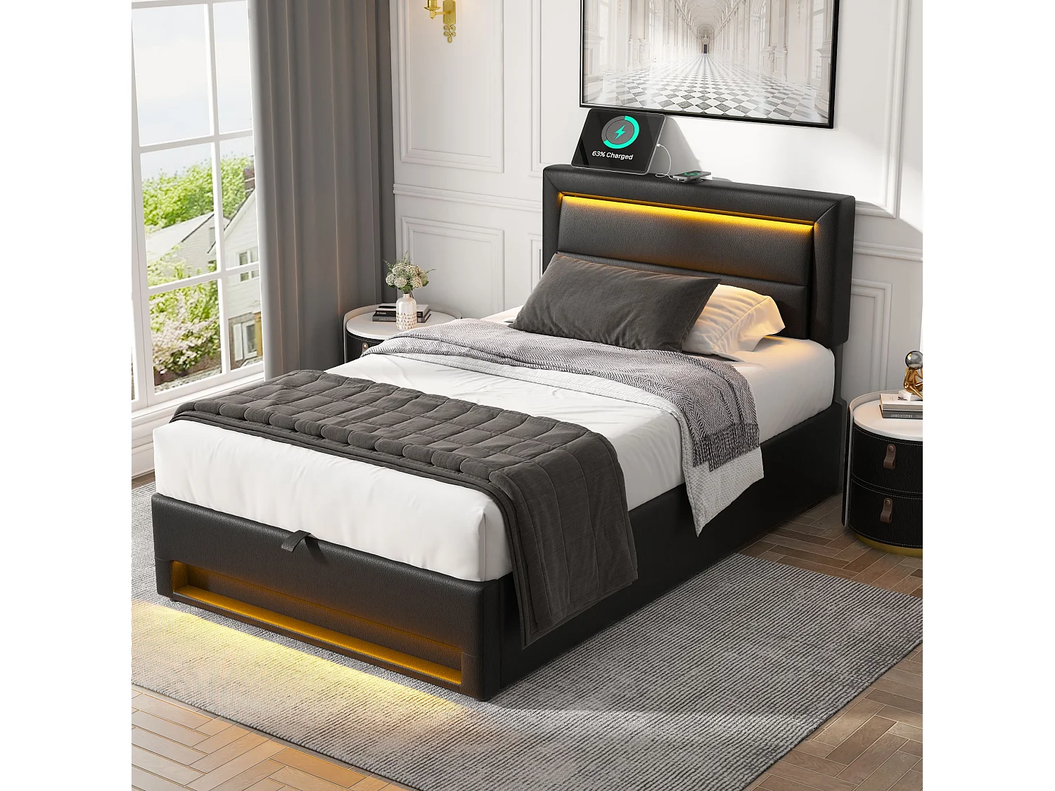 Lit coffre 90x190 cm rembourré noir avec port usb charge sans fil et filaire led rangement sans matelas motif pu litchi - Sweiko