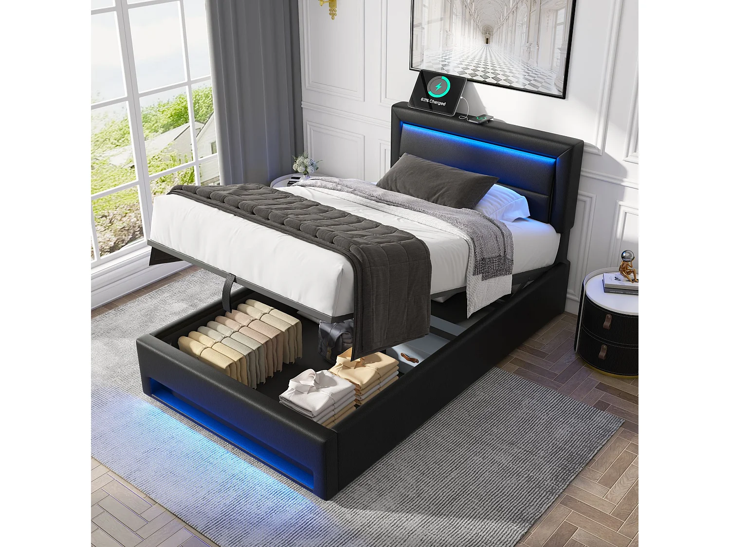 Lit coffre 90x190 cm rembourré noir avec port usb charge sans fil et filaire led rangement sans matelas motif pu litchi - Sweiko
