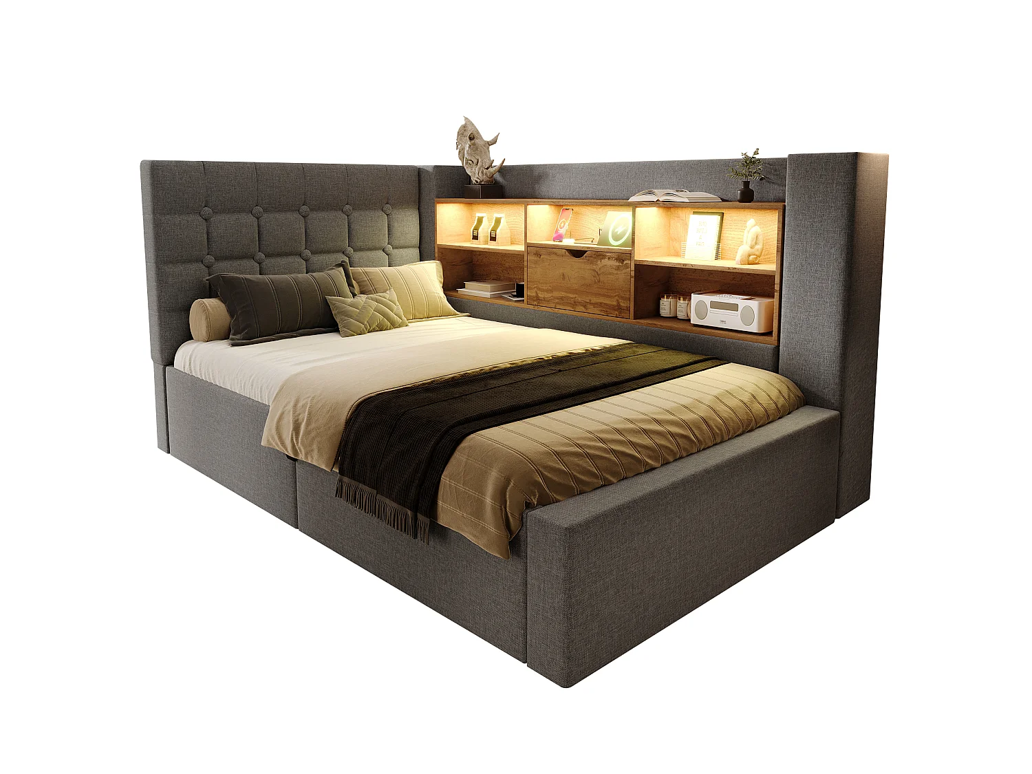 Lit coffre 90x190 simple rembourré avec rangement hydraulique tête de lit l rangement double face sommier lattes lin gris sans matelas - Sweiko