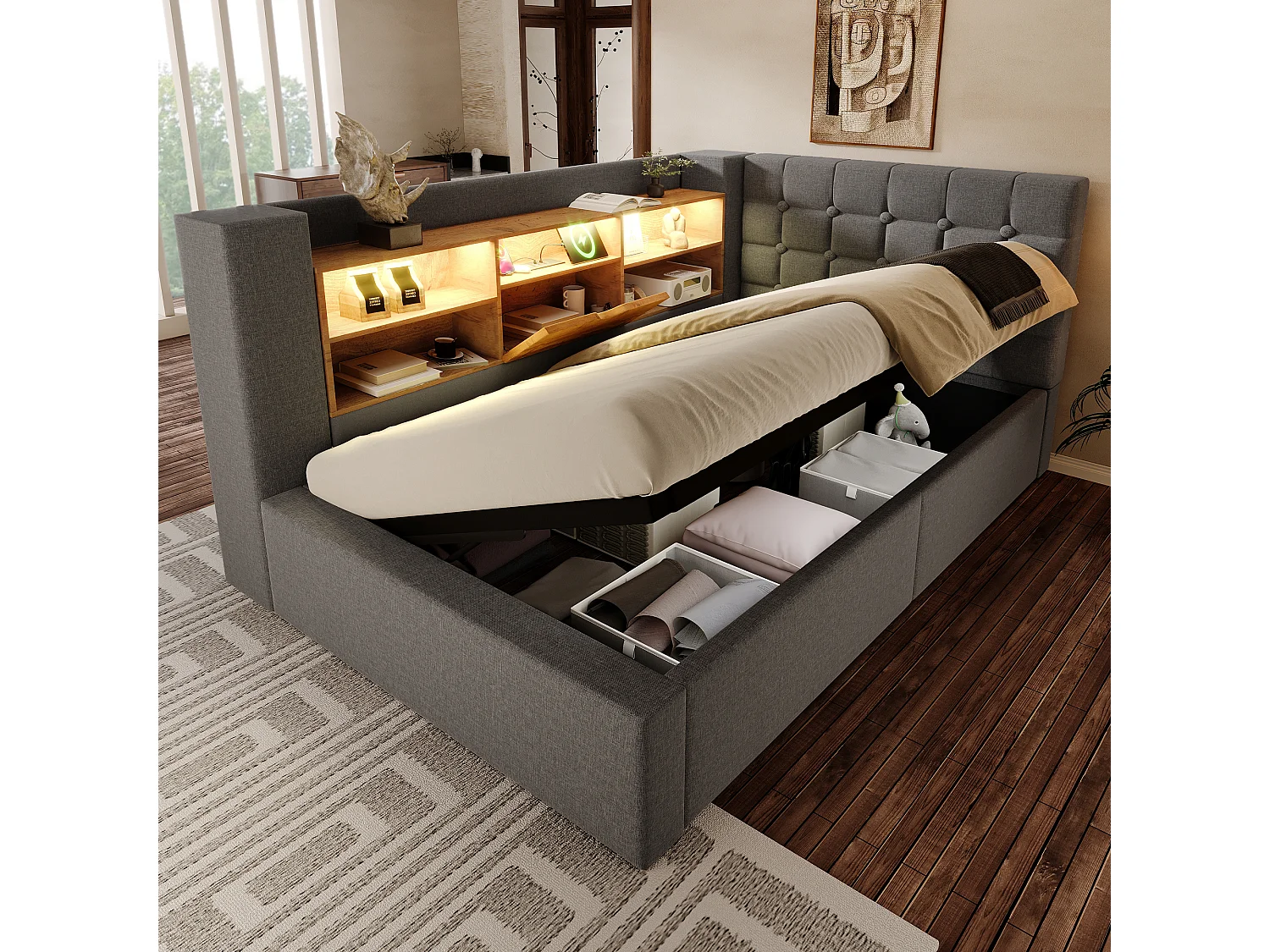 Lit coffre 90x190 simple rembourré avec rangement hydraulique tête de lit l rangement double face sommier lattes lin gris sans matelas - Sweiko