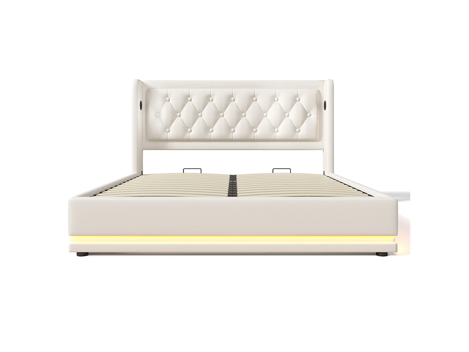 Lit coffre 160x200 cm avec led 3 côtés usb-c tête de lit rembourrée en pu blanc hydraulique sans matelas - Sweiko
