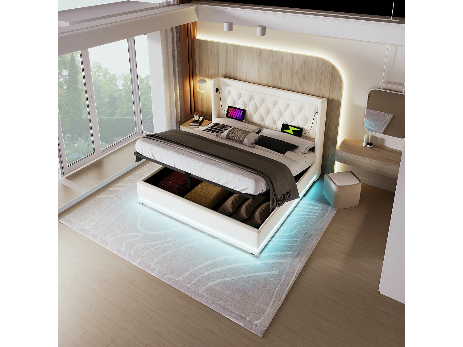 Lit coffre 160x200 cm avec led 3 côtés usb-c tête de lit rembourrée en pu blanc hydraulique sans matelas - Sweiko