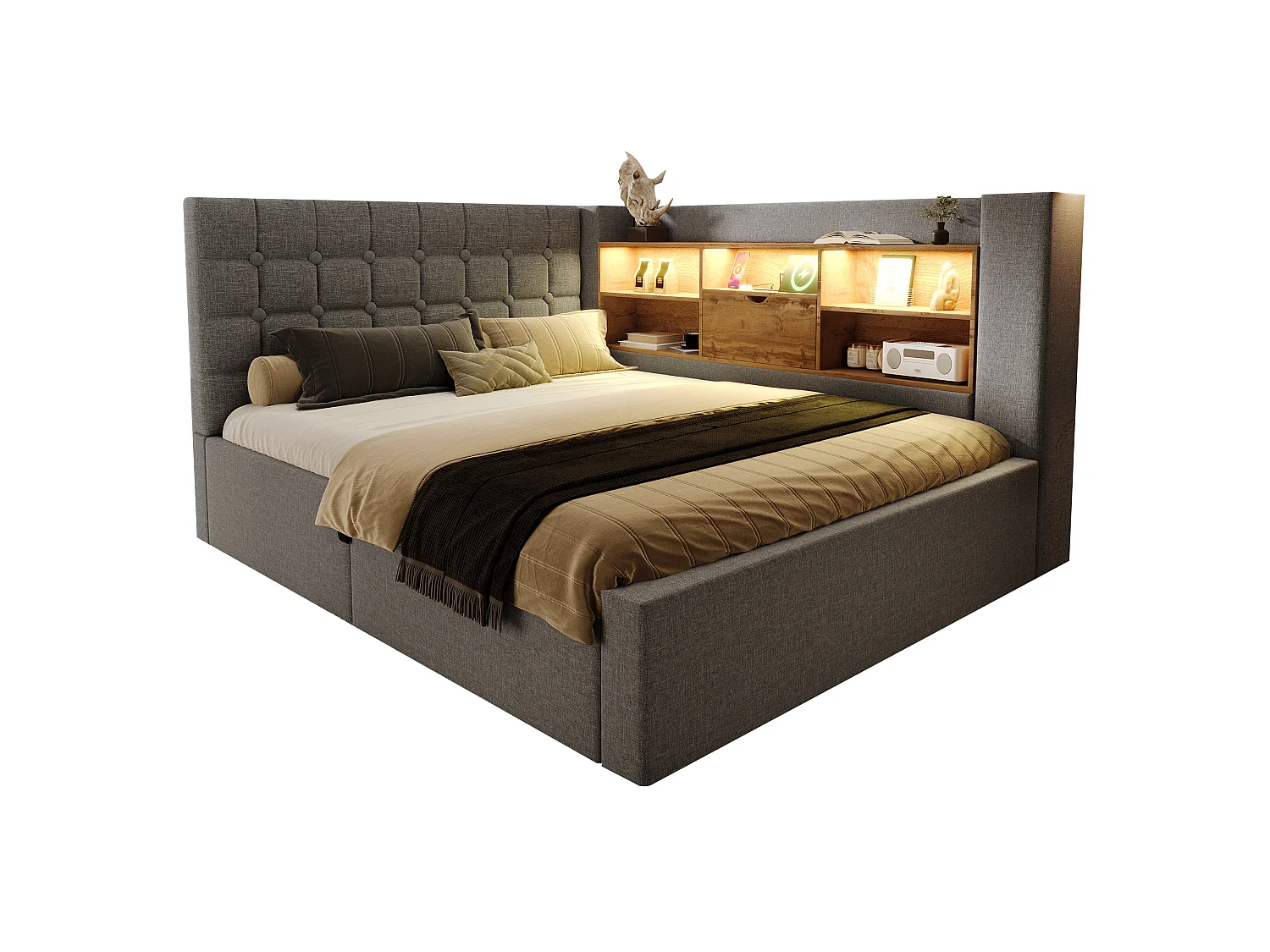 Lit coffre 140x190 double rembourré avec rangement hydraulique tête de lit l rangement double face sommier lattes lin gris sans matelas - Sweiko