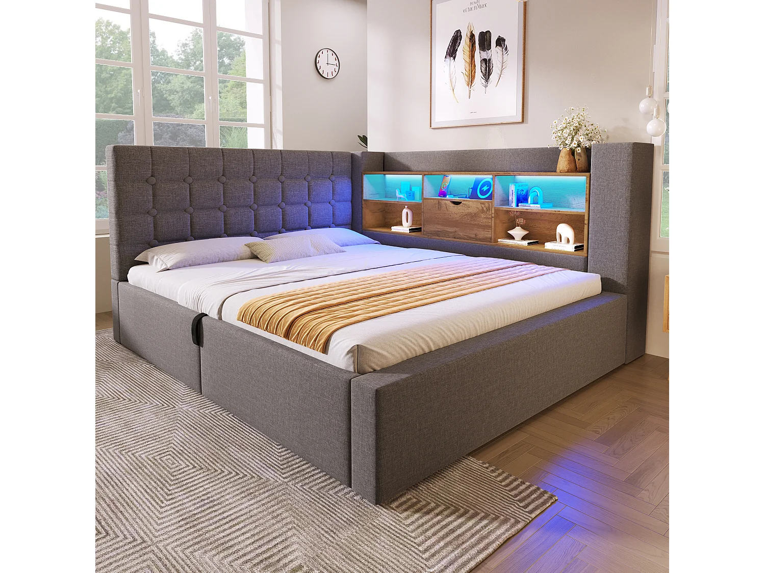 Lit coffre 140x190 double rembourré avec rangement hydraulique tête de lit l rangement double face sommier lattes lin gris sans matelas - Sweiko