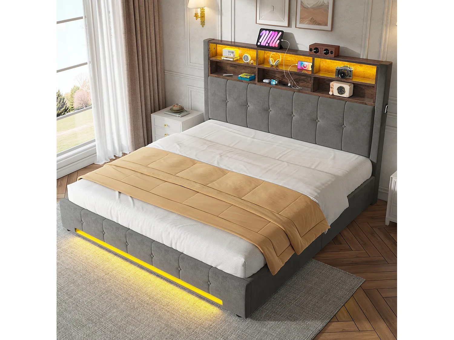 Lit coffre 180x200 cm en velours avec tête de lit multifonction 6 compartiments poches latérales usb-c led vérin hydraulique anti-poussière - Sweiko