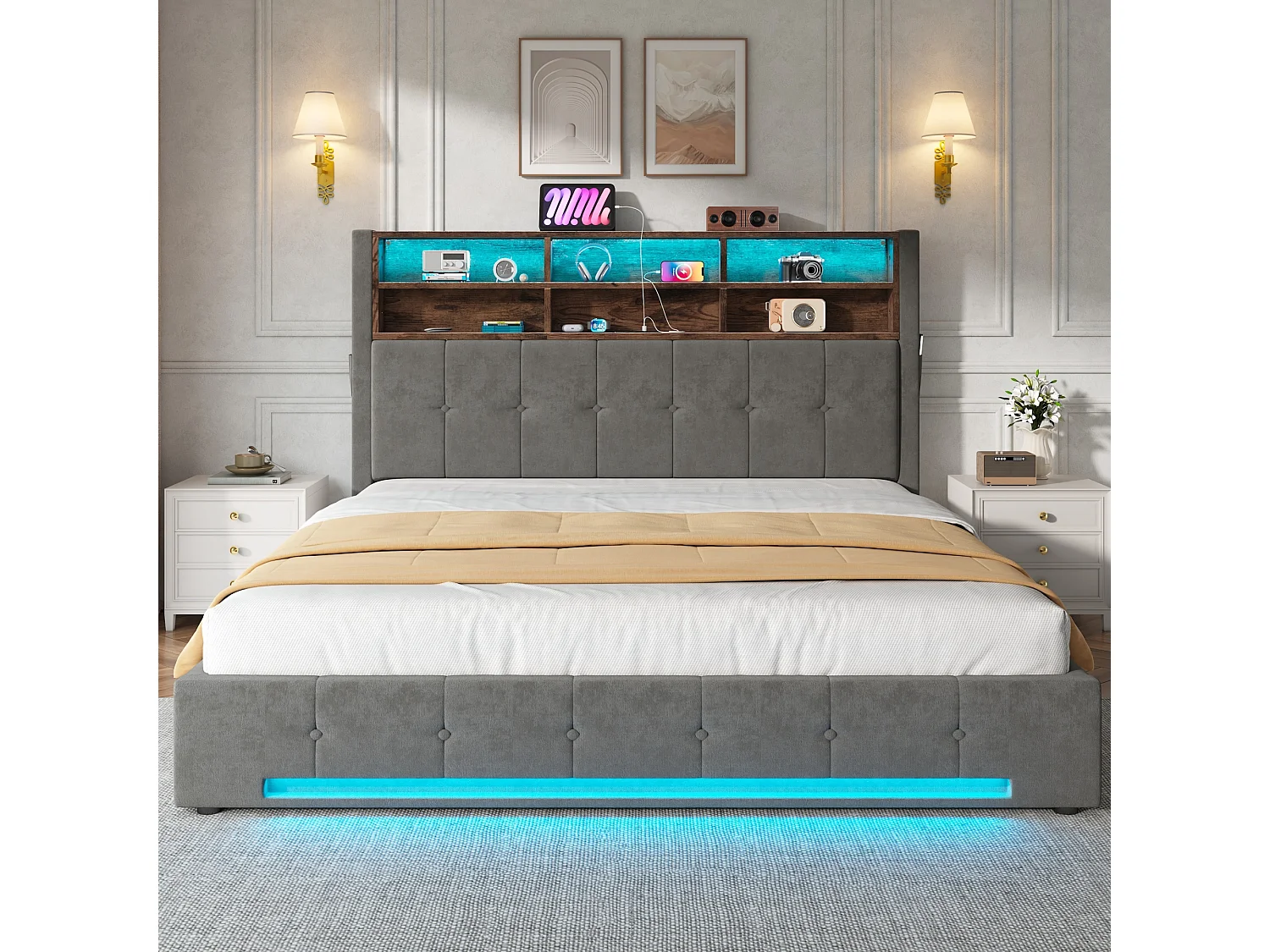 Lit coffre 180x200 cm en velours avec tête de lit multifonction 6 compartiments poches latérales usb-c led vérin hydraulique anti-poussière - Sweiko