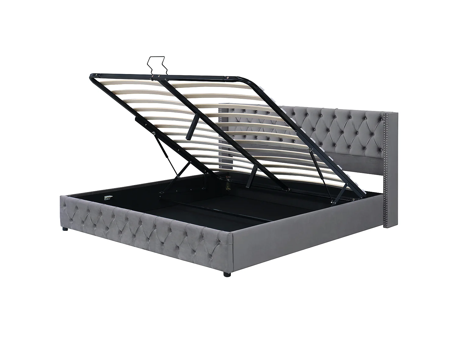 Lit coffre rembourré forme oreille flanelle gris 140x190 cm double rangée rivets capitonné vérin hydraulique fond non-tissé - Sweiko