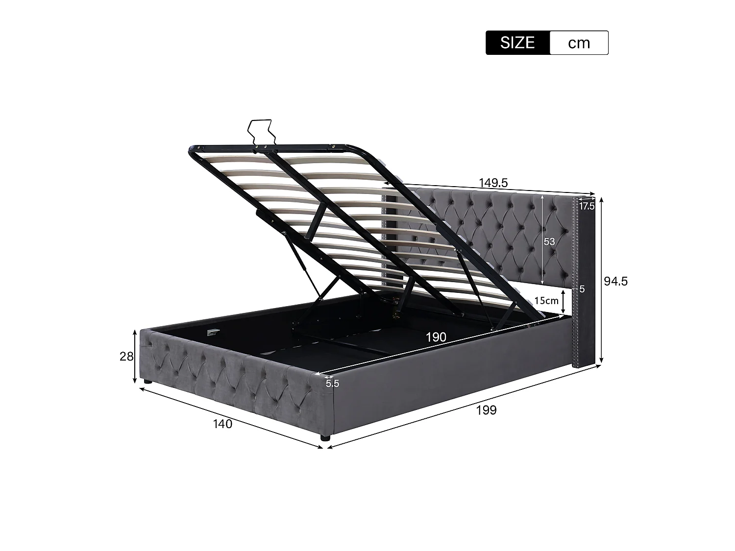 Lit coffre rembourré forme oreille flanelle gris 140x190 cm double rangée rivets capitonné vérin hydraulique fond non-tissé - Sweiko