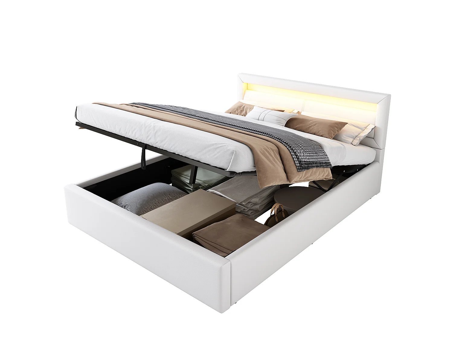 Lit coffre 140x200cm avec led et rangement tete de lit lumineuse blanc similicuir - Sweiko