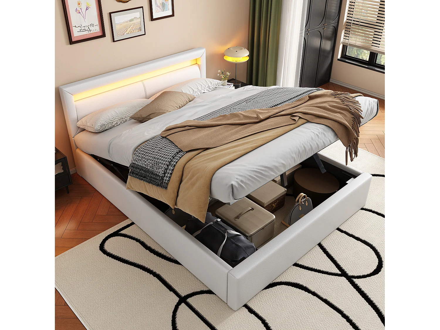 Lit coffre 140x200cm avec led et rangement tete de lit lumineuse blanc similicuir - Sweiko