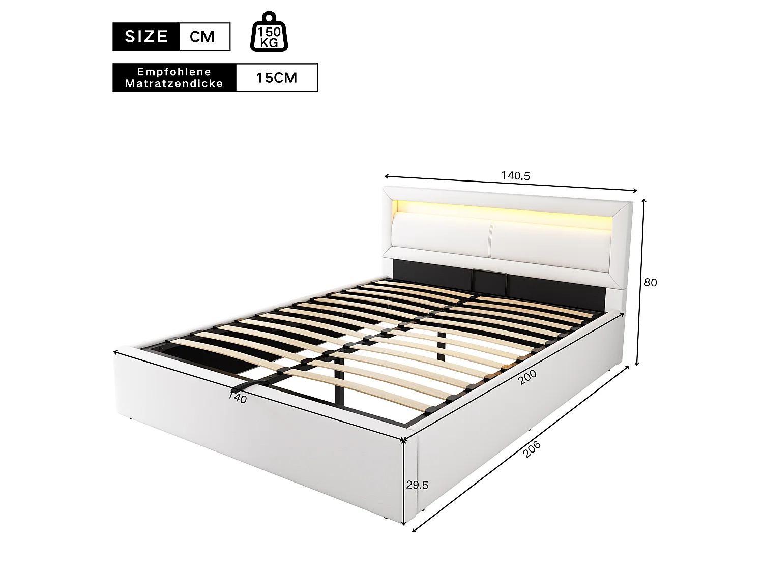 Lit coffre 140x200cm avec led et rangement tete de lit lumineuse blanc similicuir - Sweiko