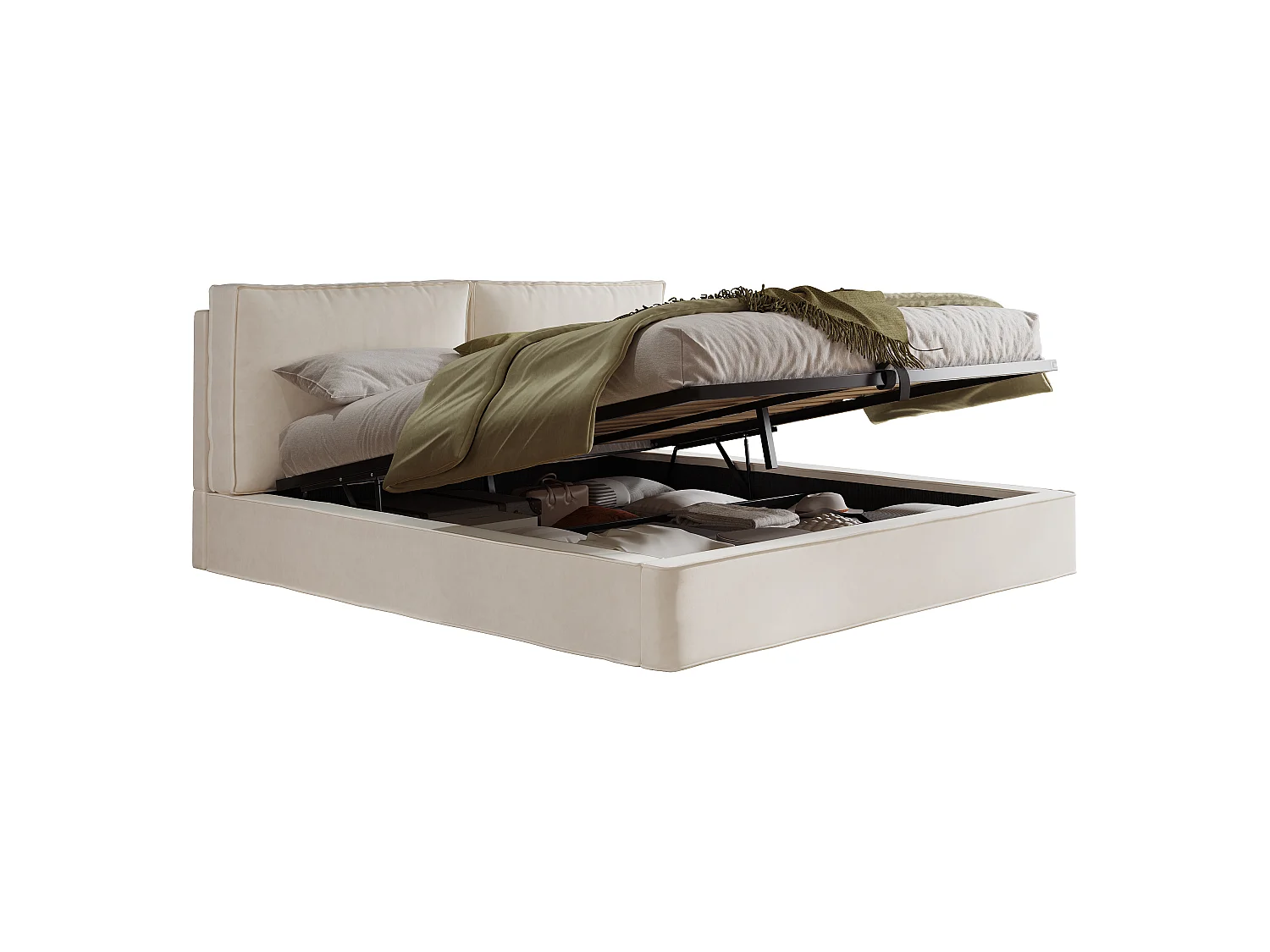 Lit coffre rembourré double 180x200 cm hydraulique sommier lattes tête lit rembourrée beige velours - Sweiko