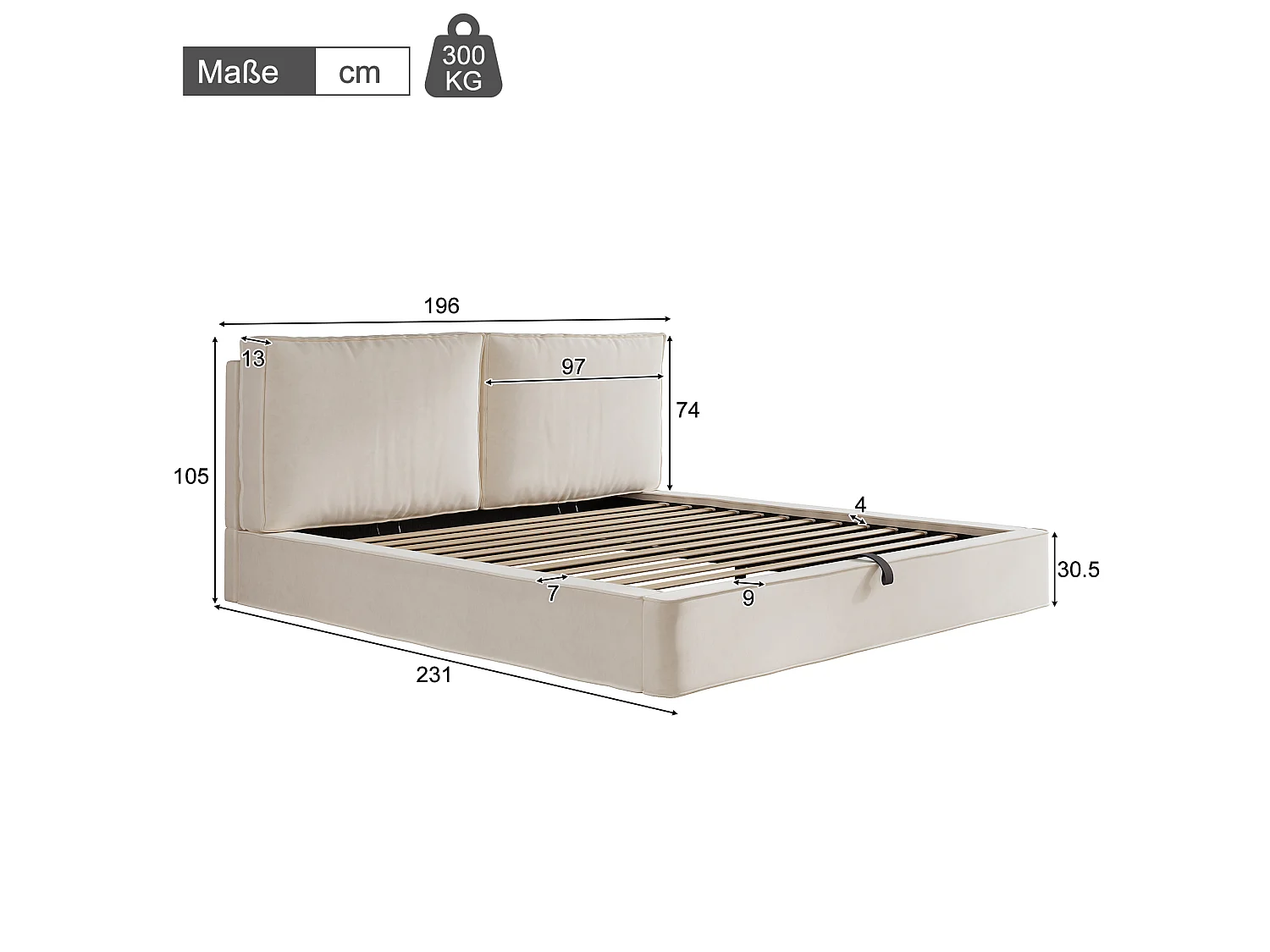 Lit coffre rembourré double 180x200 cm hydraulique sommier lattes tête lit rembourrée beige velours - Sweiko
