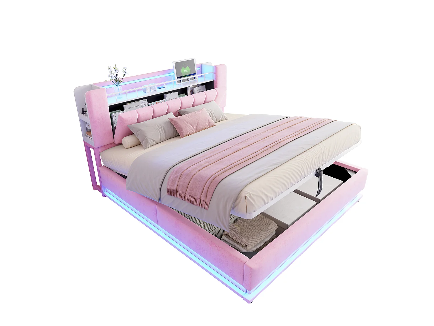 Lit coffre rose 180x200 cm avec led usb rangement hydraulique velours cadre métal - Sweiko