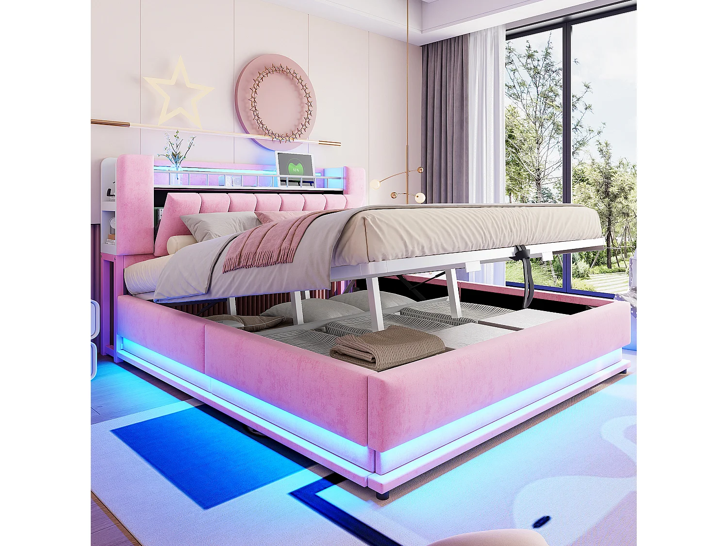 Lit coffre rose 180x200 cm avec led usb rangement hydraulique velours cadre métal - Sweiko