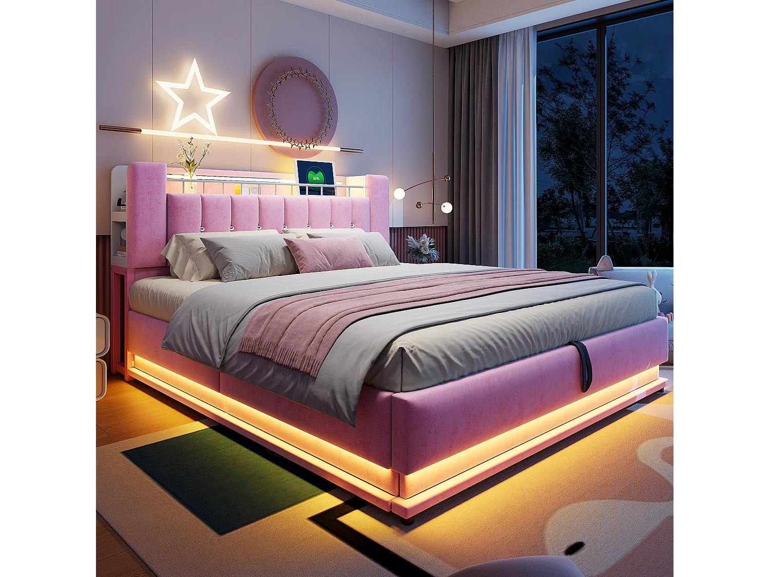 Lit coffre rose 180x200 cm avec led usb rangement hydraulique velours cadre métal - Sweiko