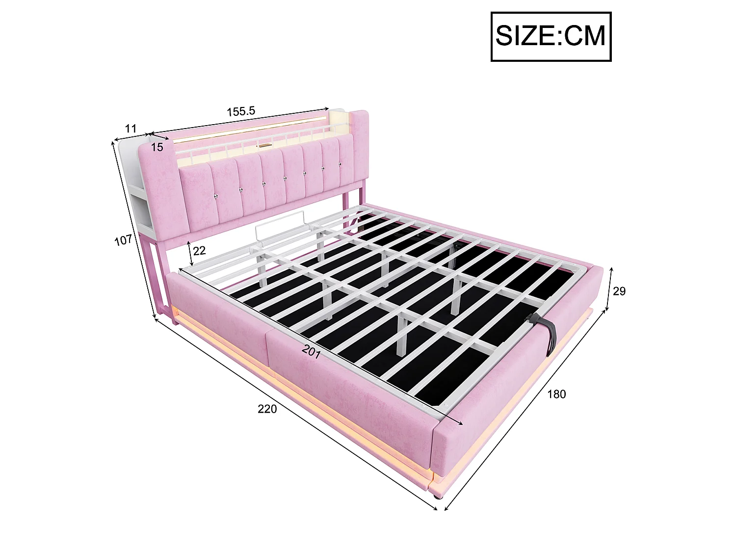 Lit coffre rose 180x200 cm avec led usb rangement hydraulique velours cadre métal - Sweiko