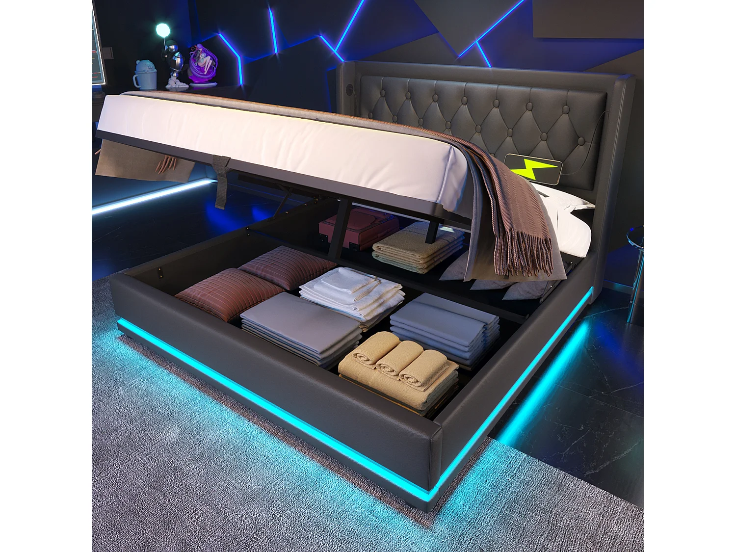 Lit coffre 160x200 cm avec led 3 côtés usb-c tête de lit rembourrée en pu noir hydraulique sans matelas - Sweiko