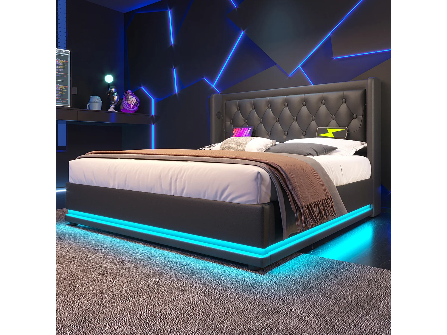 Lit coffre 160x200 cm avec led 3 côtés usb-c tête de lit rembourrée en pu noir hydraulique sans matelas - Sweiko