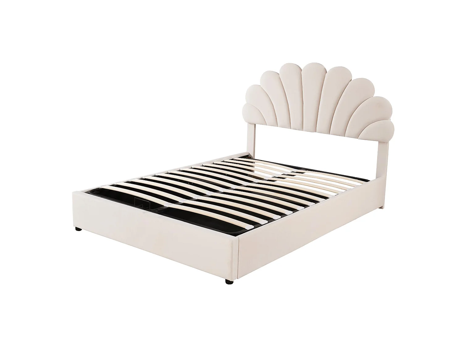 Lit coffre hydraulique 140x200 cm beige velours tête de lit fleurie réglable en hauteur sommier à lattes - Sweiko