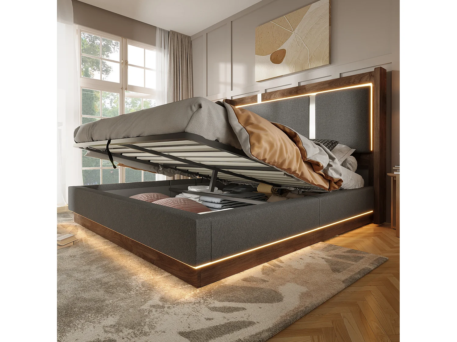 Lit coffre 140x190 cm en lin gris et noyer, tête de lit rembourrée avec led, coffre hydraulique, sommier à lattes inclus, sans matelas - Sweiko