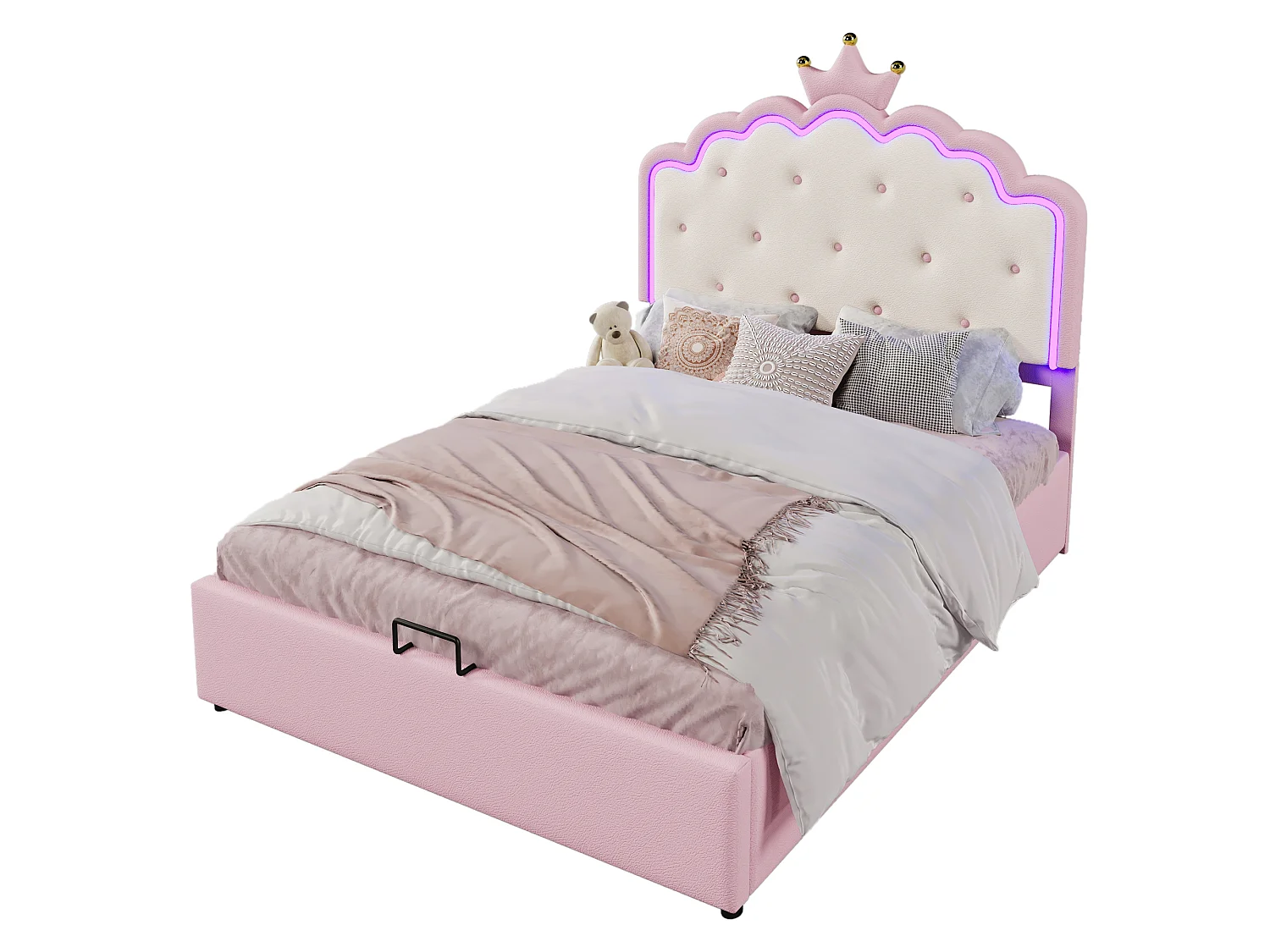 Lit coffre 140x200cm avec sommier à lattes sans matelas led ambiant forme princesse hydraulique rangement pu rose - Sweiko