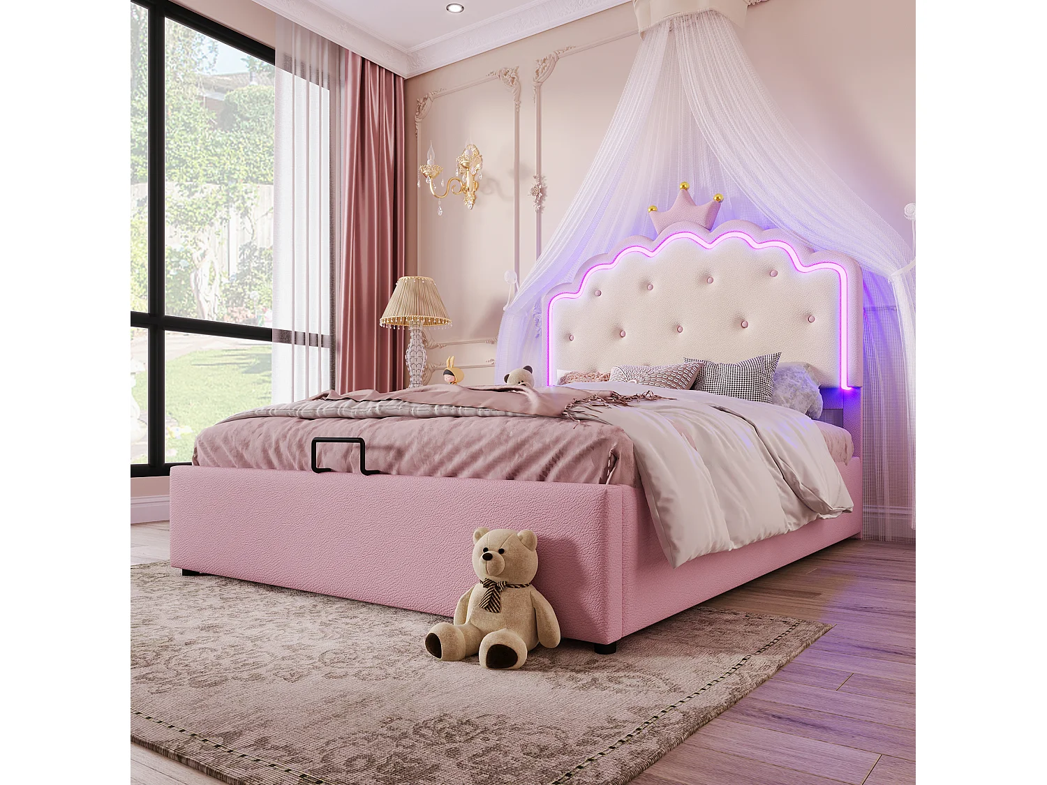 Lit coffre 140x200cm avec sommier à lattes sans matelas led ambiant forme princesse hydraulique rangement pu rose - Sweiko