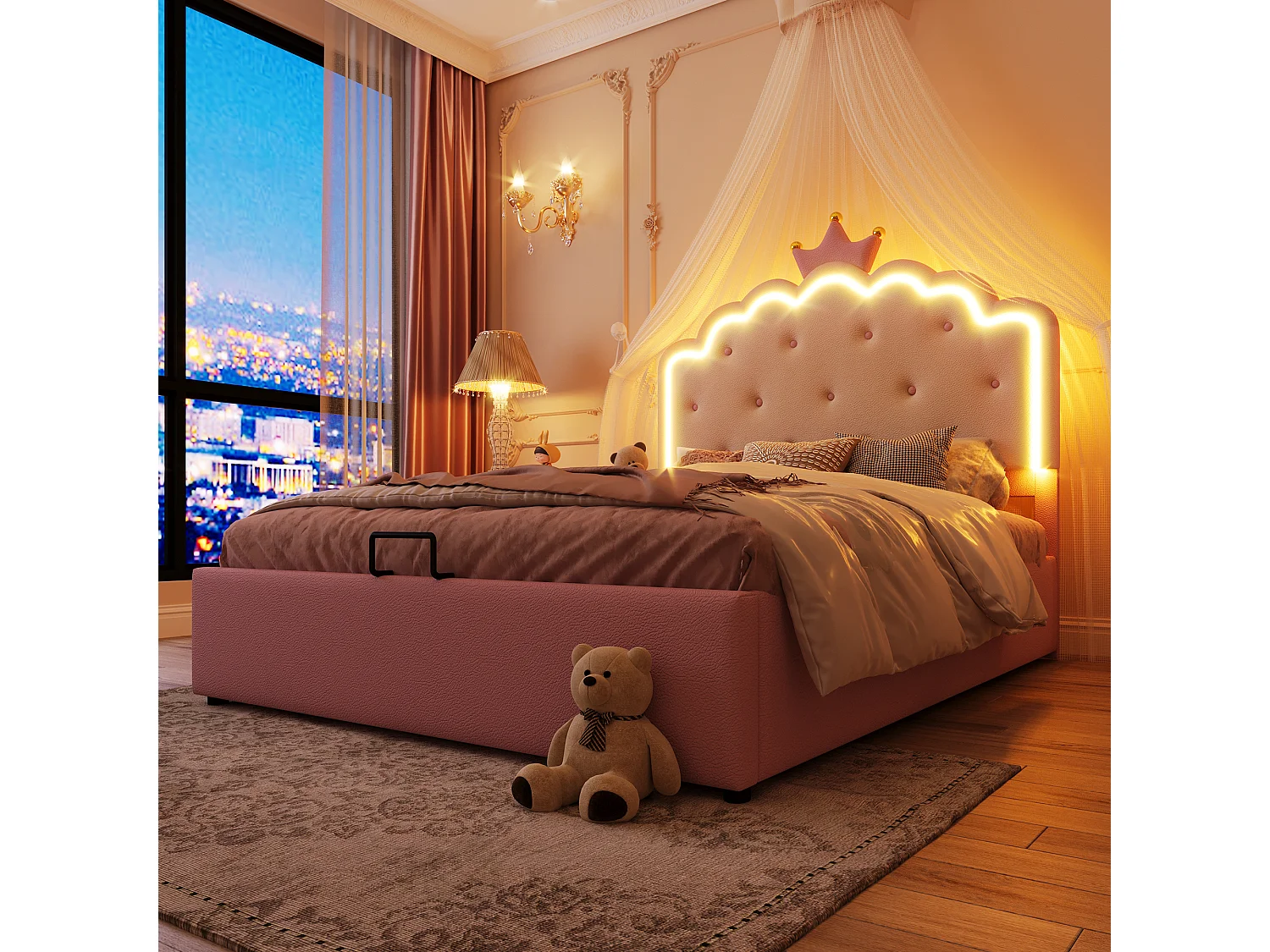 Lit coffre 140x200cm avec sommier à lattes sans matelas led ambiant forme princesse hydraulique rangement pu rose - Sweiko