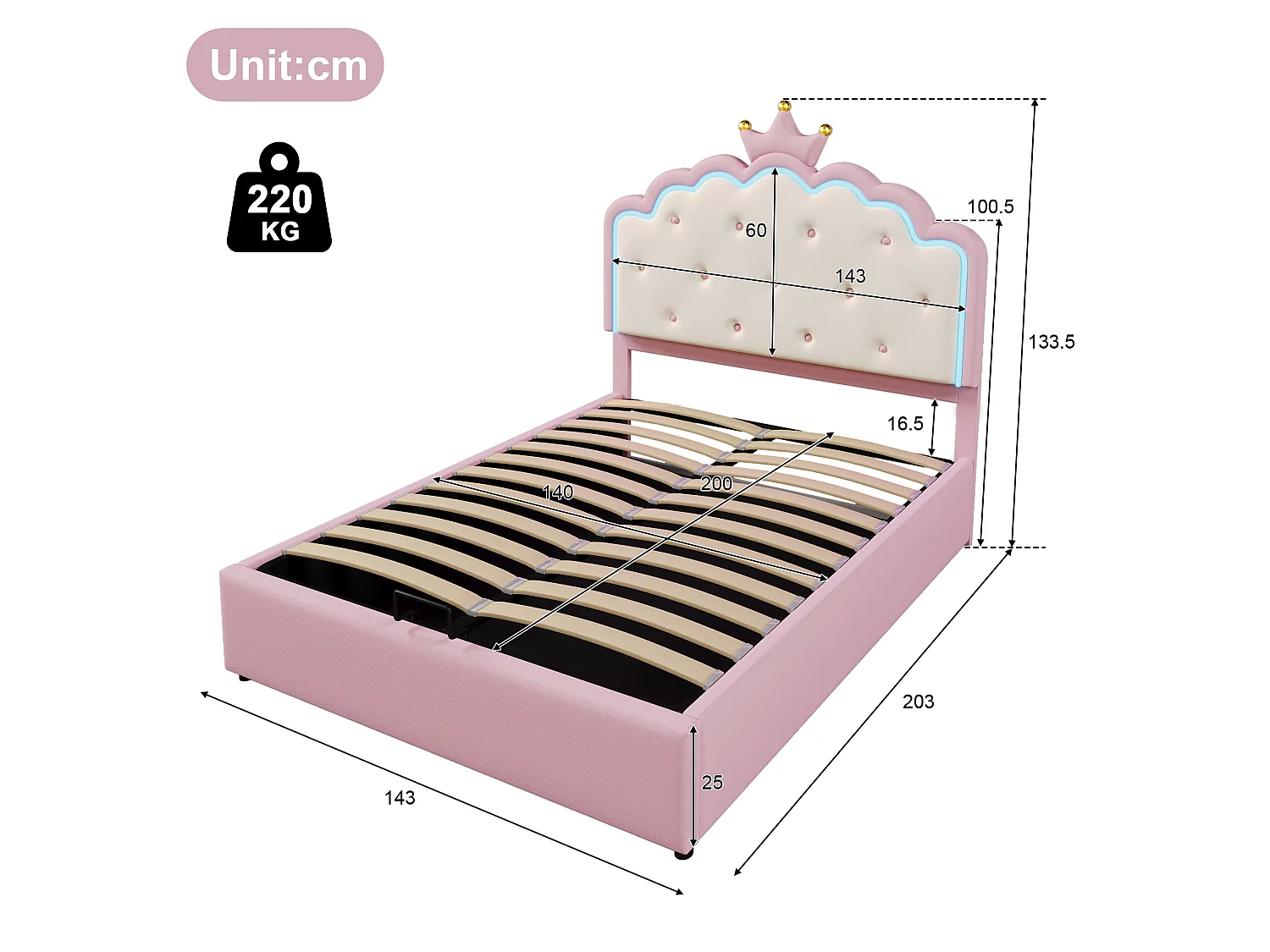 Lit coffre 140x200cm avec sommier à lattes sans matelas led ambiant forme princesse hydraulique rangement pu rose - Sweiko