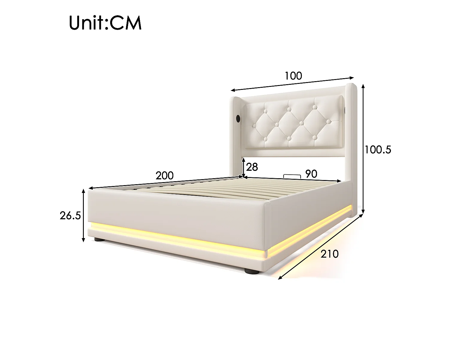 Lit coffre 90x200 cm blanc pu avec matelas led usb-c hydraulique - Sweiko
