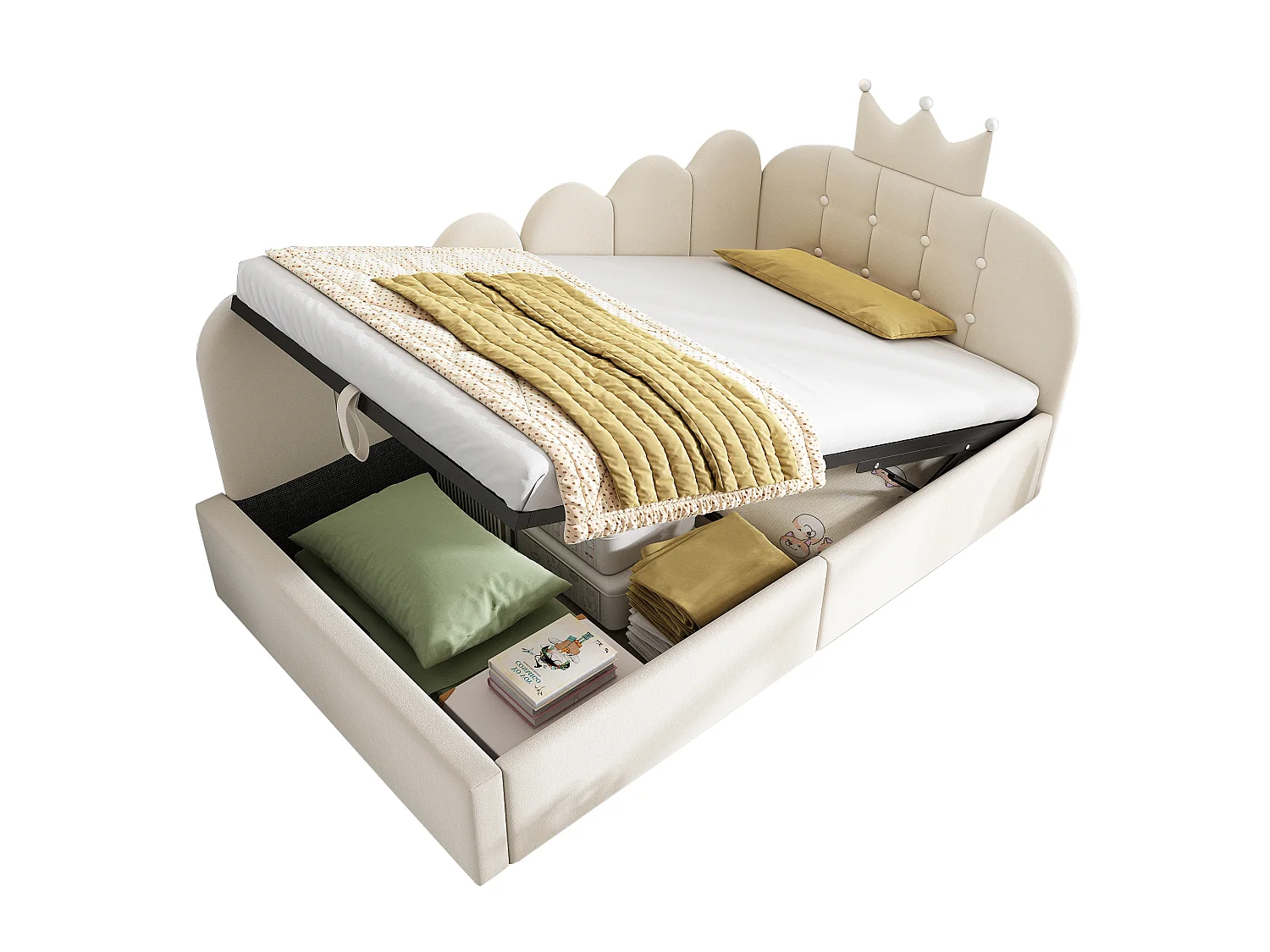 Lit coffre enfant rembourré 90x190 cm canapé-lit rangement hydraulique appoint l velours beige couronne treillis sans matelas - Sweiko