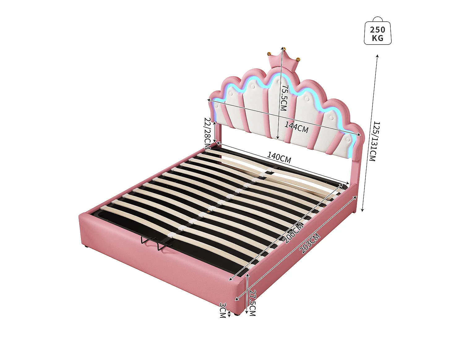 Lit jeune lit coffre 140x200 cm lit double rembourrage doux en cuir pu led réglable rose - Sweiko