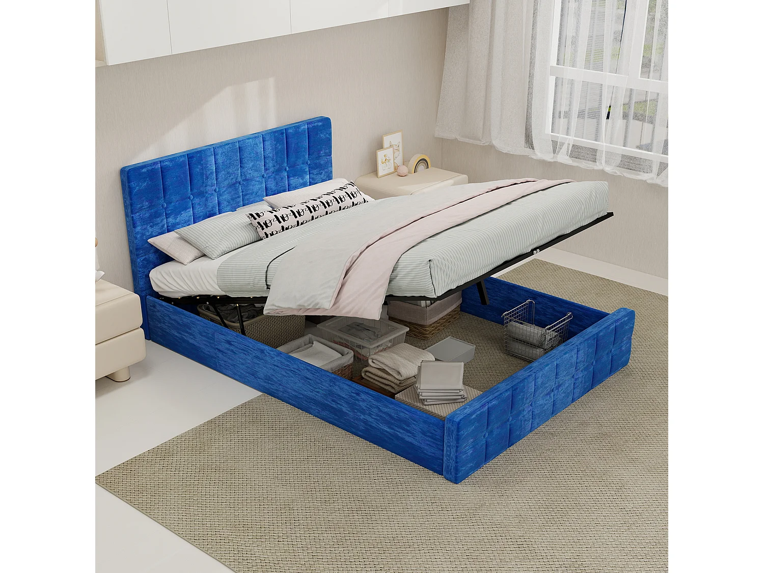 Lit coffre rembourré velours bleu avec tête de lit espace de rangement pour matelas 140x200 cm - Sweiko