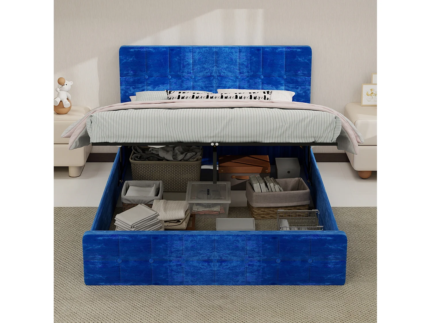 Lit coffre rembourré velours bleu avec tête de lit espace de rangement pour matelas 140x200 cm - Sweiko