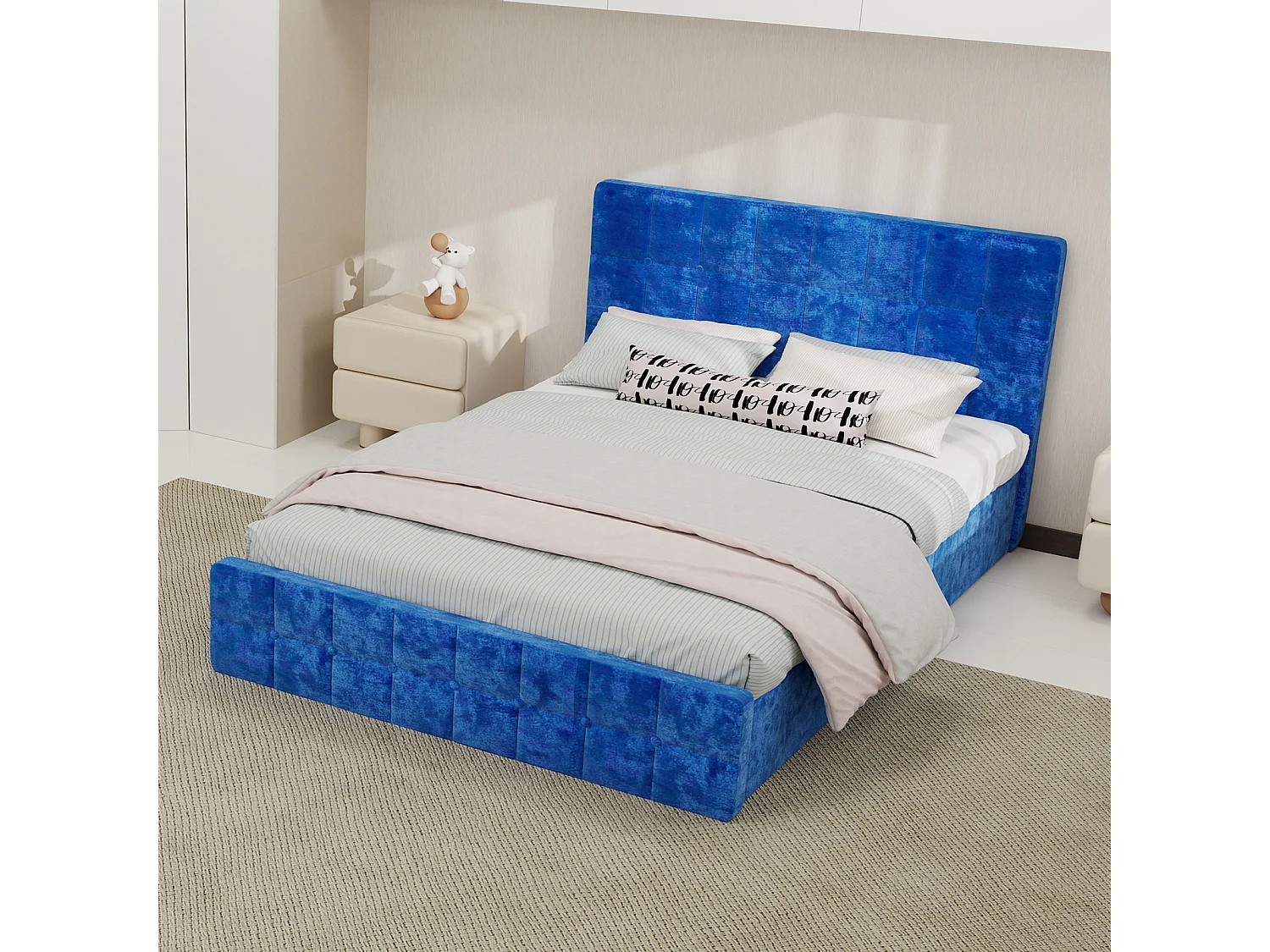 Lit coffre rembourré velours bleu avec tête de lit espace de rangement pour matelas 140x200 cm - Sweiko