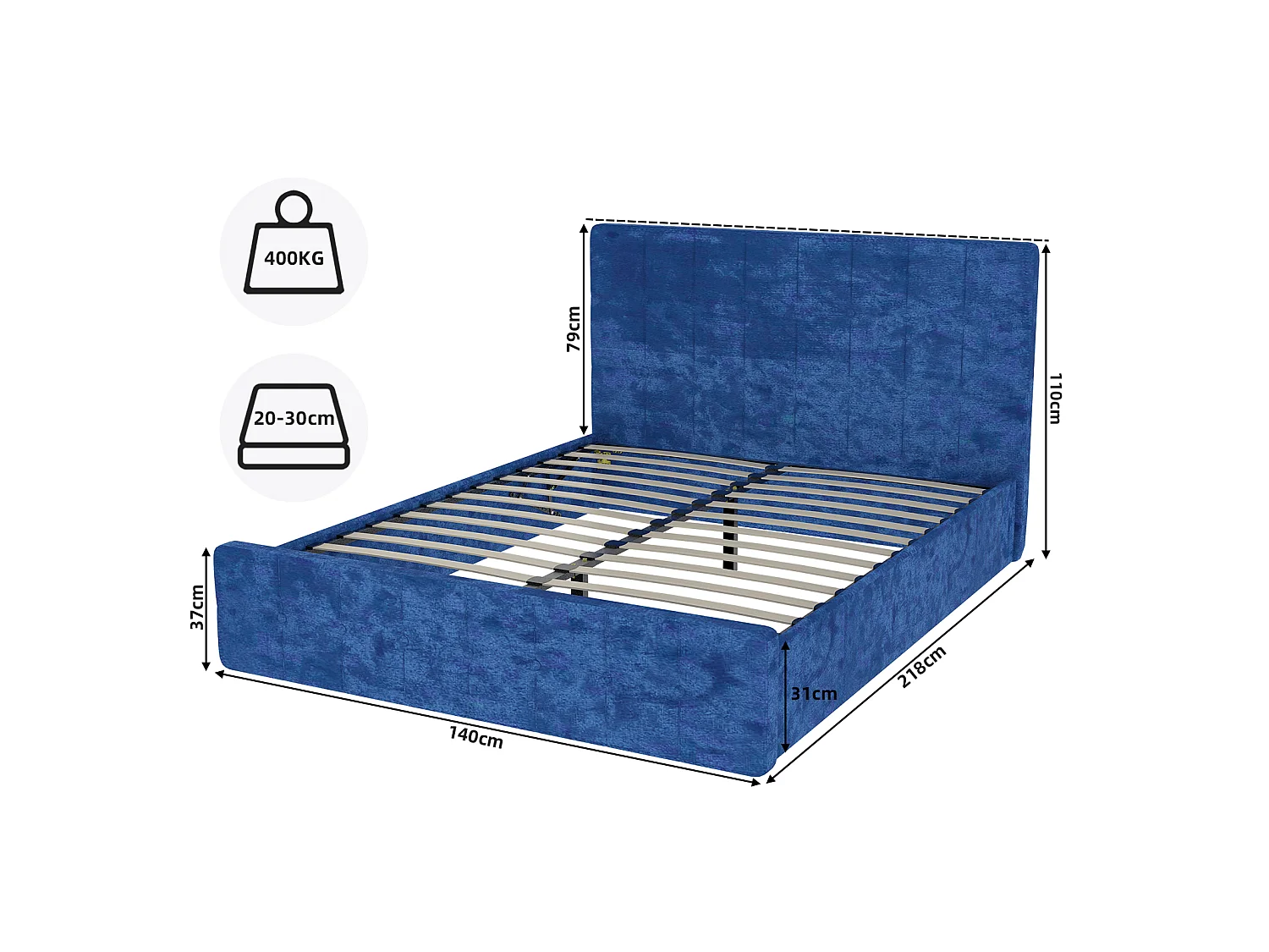 Lit coffre rembourré velours bleu avec tête de lit espace de rangement pour matelas 140x200 cm - Sweiko