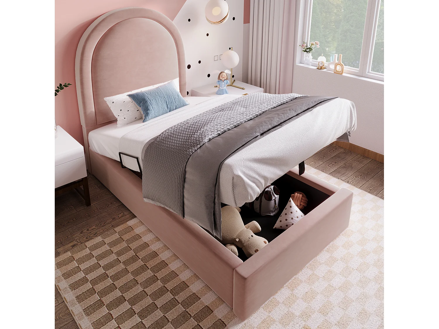Lit coffre enfant 90x200cm velours rose sans matelas - Sweiko
