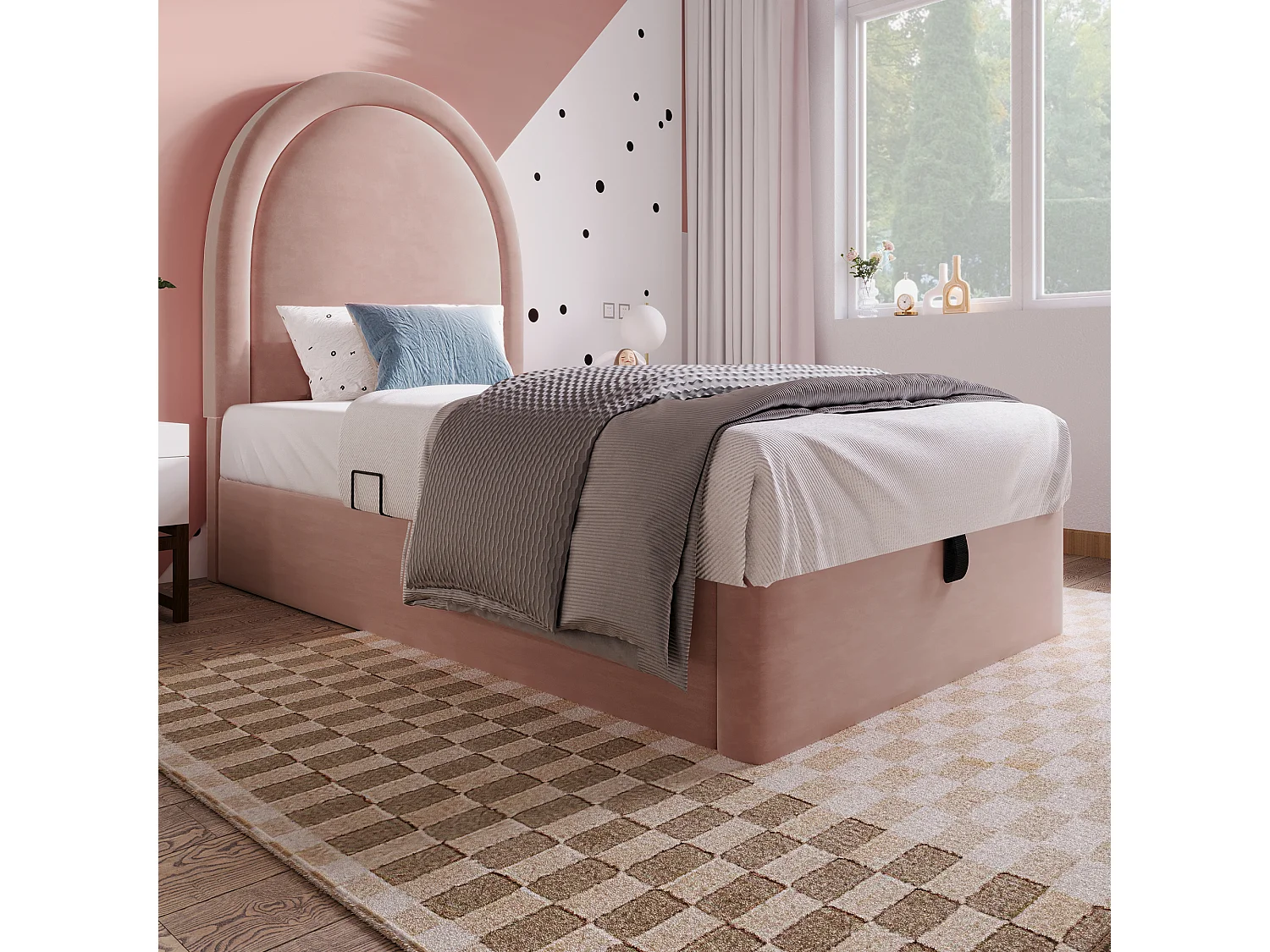 Lit coffre enfant 90x200cm velours rose sans matelas - Sweiko