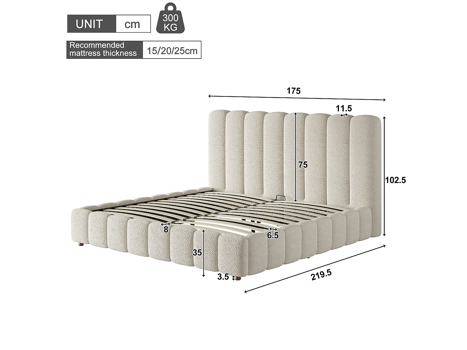 Lit coffre rembourré lit double 160x200 cm fonctionnel hydraulique sommier à lattes tête de lit rangement tête rembourrée blanc bouclé - Sweiko