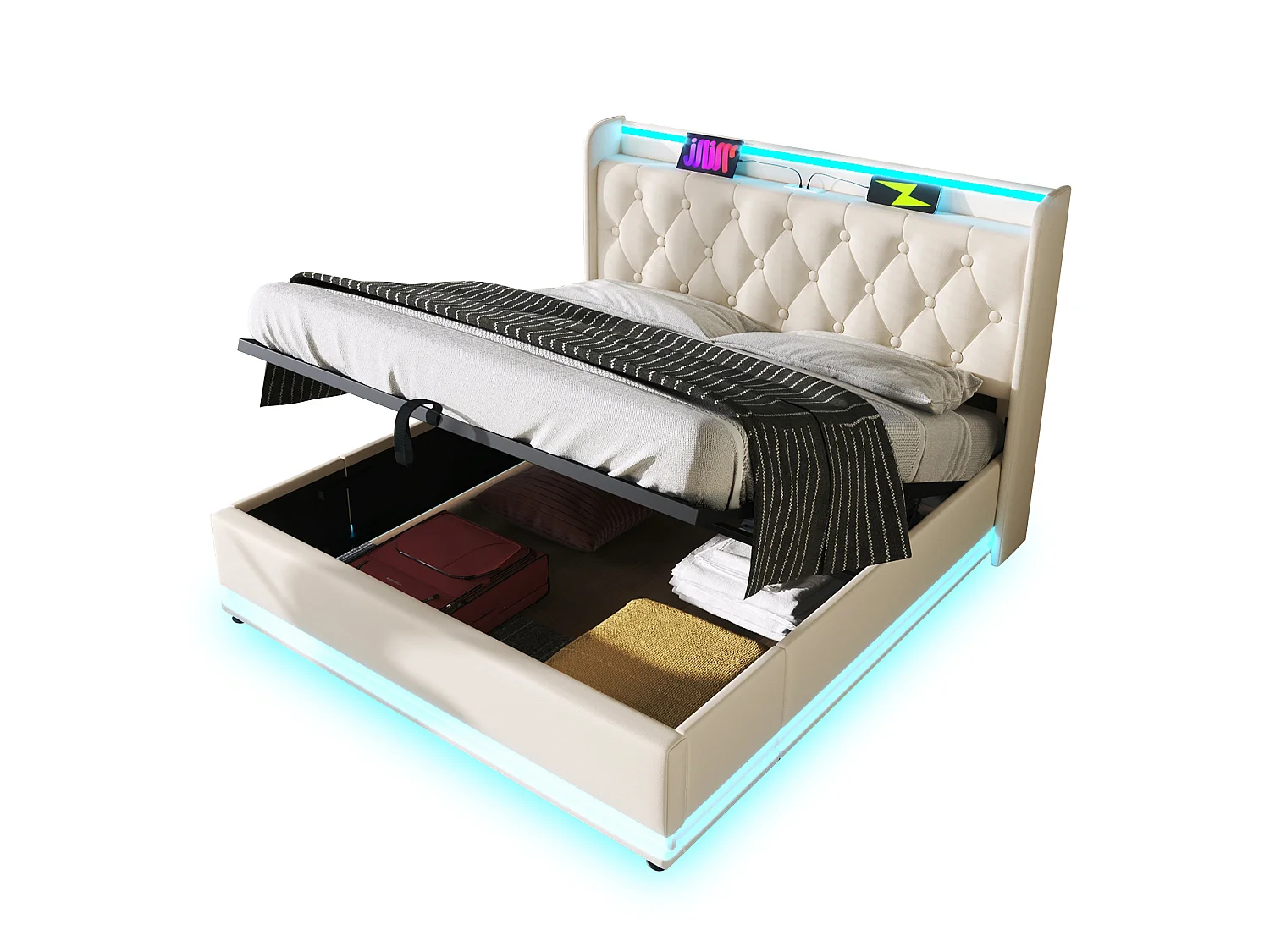 Lit coffre avec led 360° commande tactile app télécommande 140x190 cm blanc pu lit coffre hydraulique tête de lit avec charge usb type-c - Sweiko