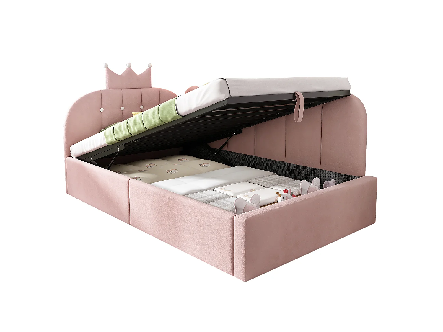 Lit coffre enfant rembourré jour 90x200 cm canapé-lit rangement hydraulique appoint l velours rose couronne grille sans matelas - Sweiko