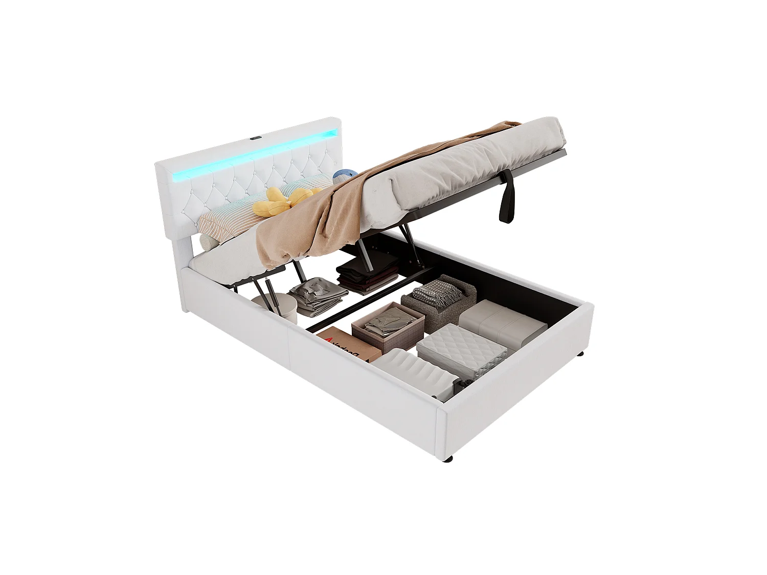 Lit coffre 140x200 cm blanc avec mécanisme hydraulique lumière led et prises usb type-c grand rangement - Sweiko
