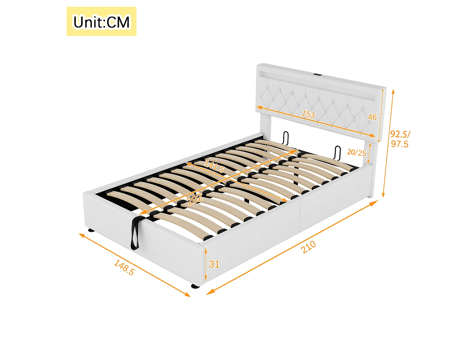 Lit coffre 140x200 cm blanc avec mécanisme hydraulique lumière led et prises usb type-c grand rangement - Sweiko