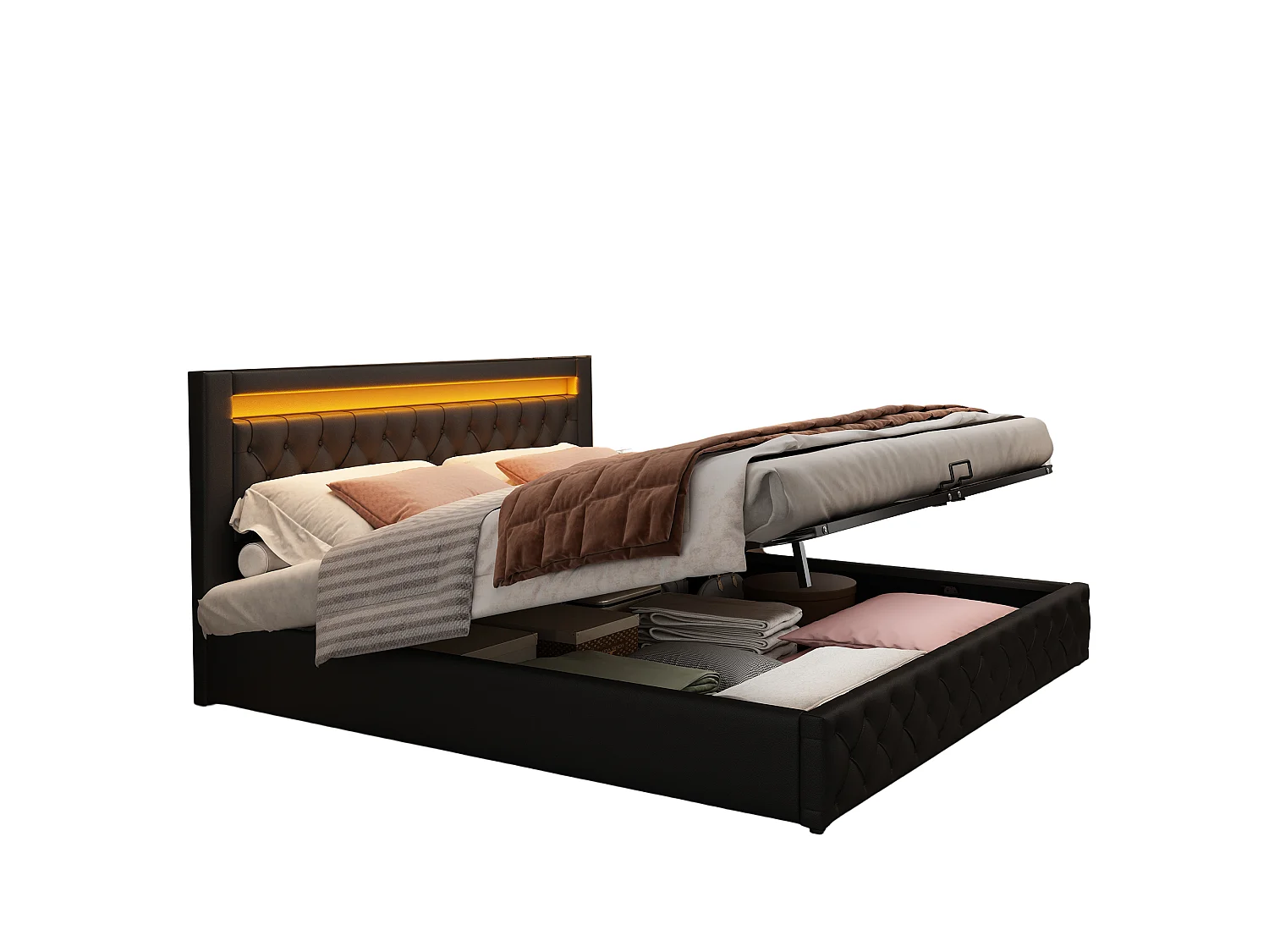 Lit coffre capitonné 140x190 cm fonctionnel avec sommier à lattes rangement hydraulique éclairage led noir matériau pu - Sweiko