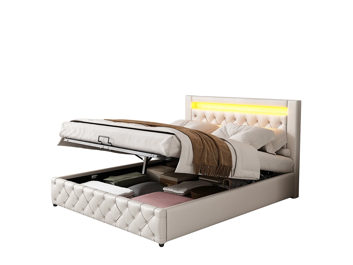 Lit coffre 140x200cm blanc pu avec led rangement sommier - Sweiko